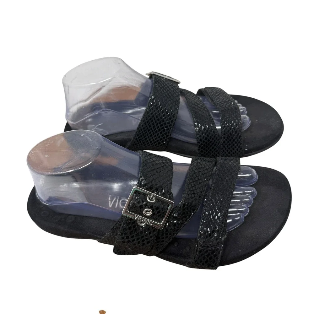 Vionic Skylar Sandals Black Snakeskin Leather Comfort Slide Womens 9 Wide